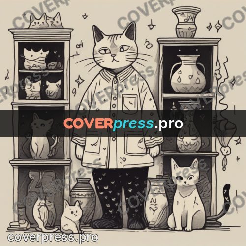 Comic style drawing: person by shelves of vases