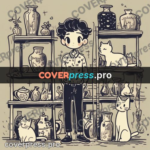 Comic style drawing: person by shelves of vases
