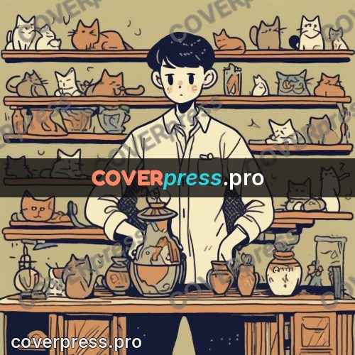 Comic style drawing: person by shelves of vases