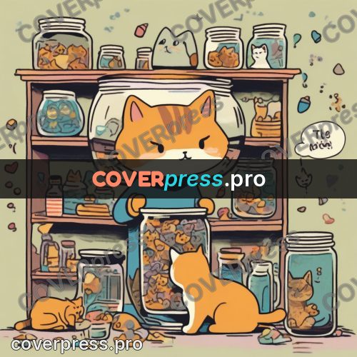 Comic style drawing: person with cats by jars