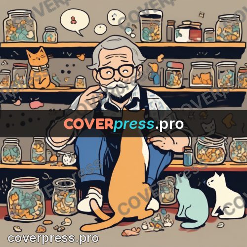 Comic style drawing: person with cats by jars