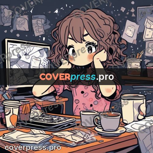 Comic style drawing: girl at a desk with cups