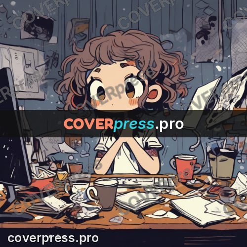 Comic style drawing: girl at a desk with cups
