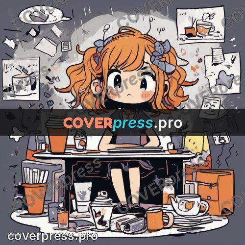 Comic style drawing: girl at a desk with cups