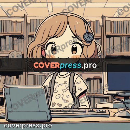 Comic style drawing: girl at a computer among books