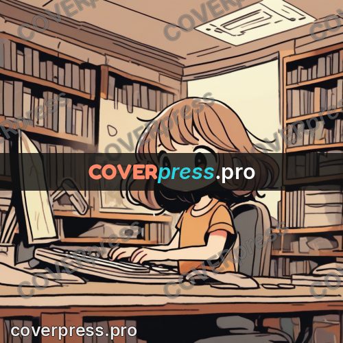 Comic style drawing: girl at a computer among books
