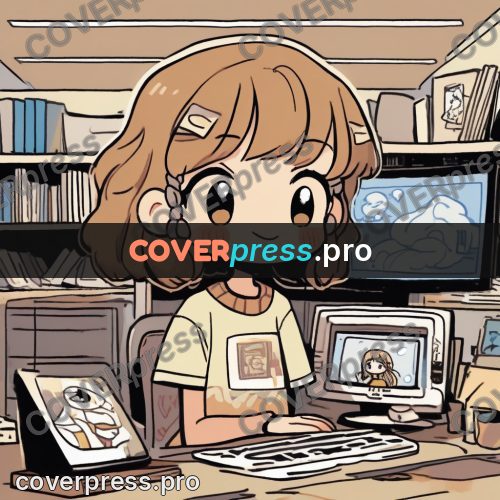 Comic style drawing: girl at a computer among books