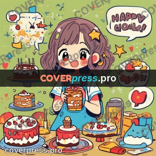Comic style drawing: girl among cakes