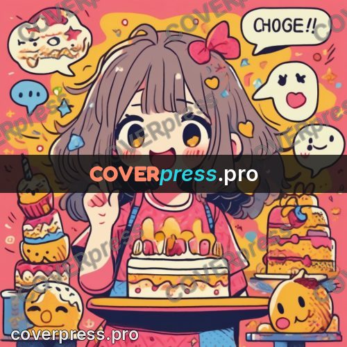 Comic style drawing: girl among cakes