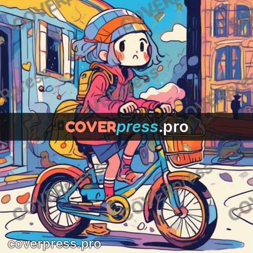 Comic style drawing: courier on a loaded bicycle