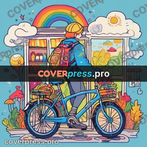 Comic style drawing: courier on a loaded bicycle