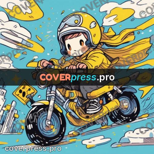 Comic style drawing: courier on a yellow motorcycle