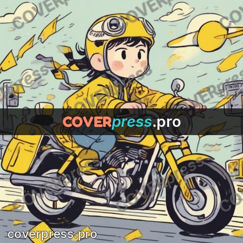 Comic style drawing: courier on a yellow motorcycle