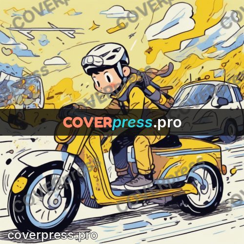 Comic style drawing: courier on a yellow motorcycle