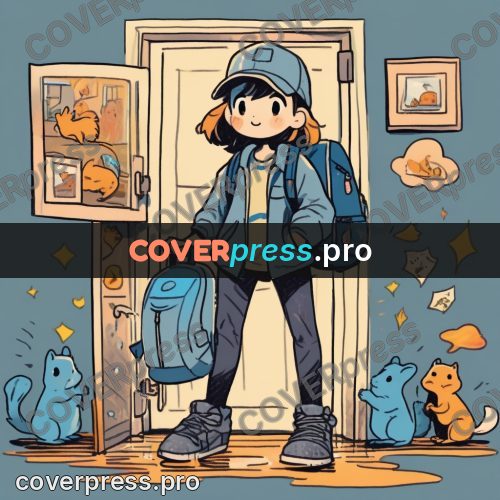 Comic style drawing: hero with a backpack indoors