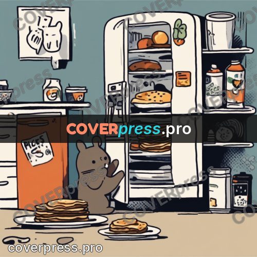 Comic style drawing: hero at a fridge with food
