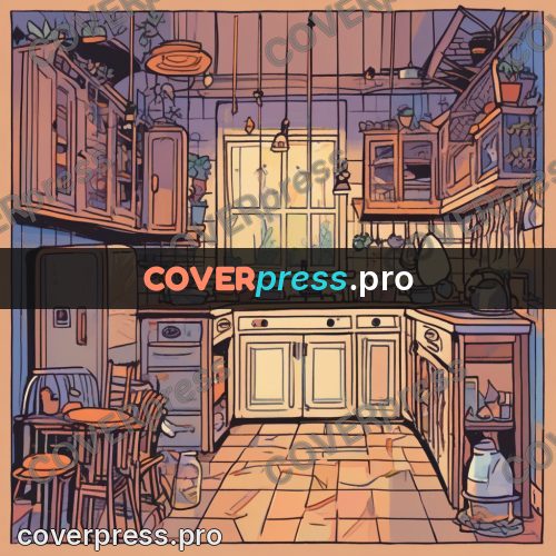 Comic style drawing: kitchen at night with shelves