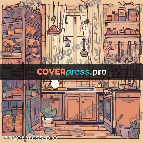 Comic style drawing: kitchen at night with shelves
