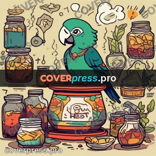 Comic style drawing: parrot among jars