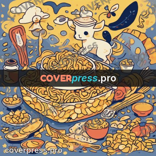 Comic style drawing: bowl of noodles on a table