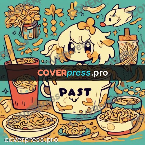 Comic style drawing: bowl of noodles on a table