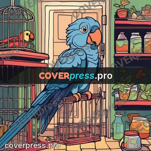 Comic style drawing: parrot by an open cage