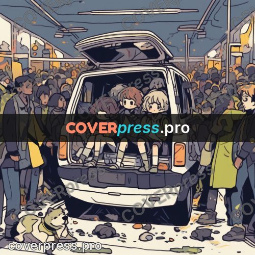 Comic style drawing: crowd around a white car