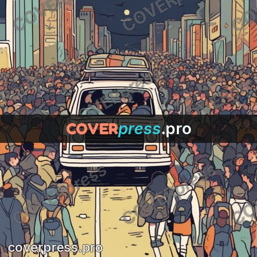 Comic style drawing: crowd around a white car