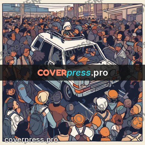 Comic style drawing: crowd around a white car