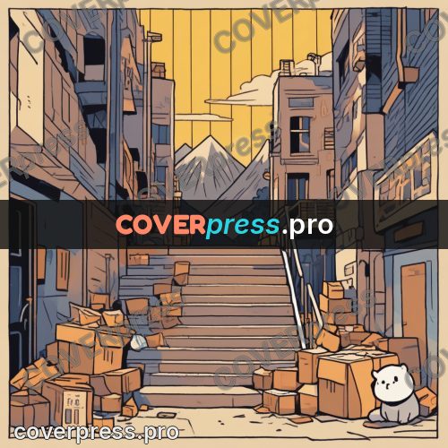 Comic style drawing: boxes by a house stairway