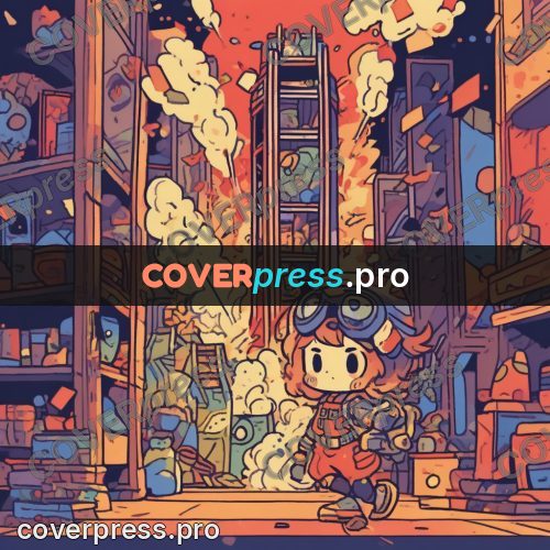 Comic style drawing: hero running among buildings