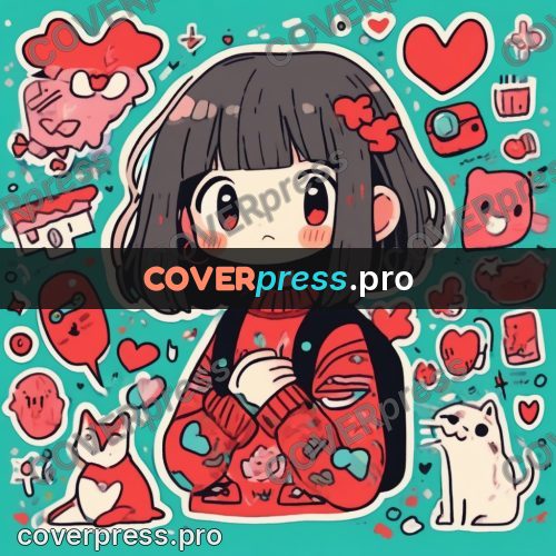 Comic style drawing: girl among red hearts
