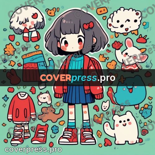 Comic style drawing: girl among creatures and clothes