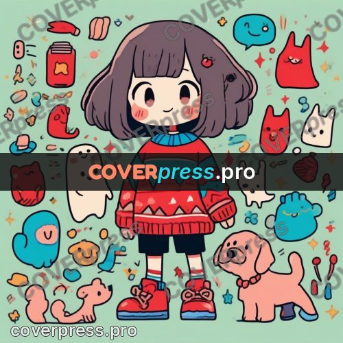 Comic style drawing: girl among creatures and clothes