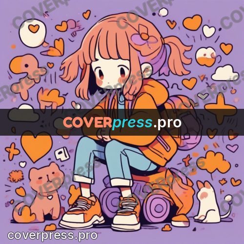 Comic style drawing: girl sitting among hearts