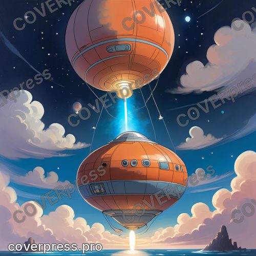 В стиле Концепт-арт: капсула, уже значительно выше облаков, поднимается сквозь последние разреженные слои