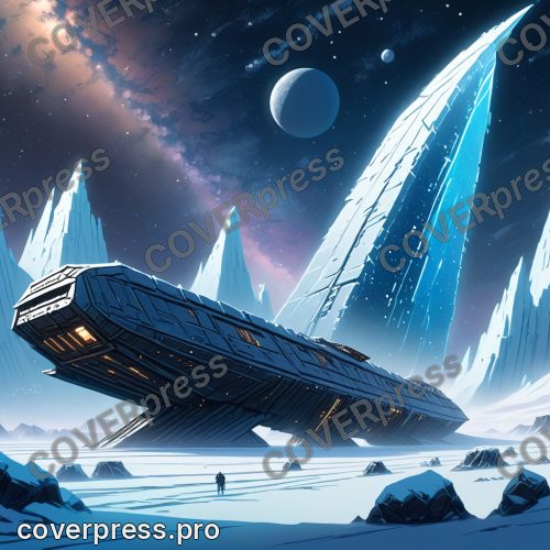 В стиле Концепт-арт: километровый ковчег, обмороженный, с оборванными фермами, медленно вращается на фоне