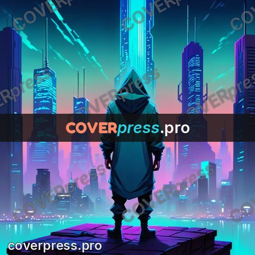 Cartoon style drawing: hooded figure above a night city