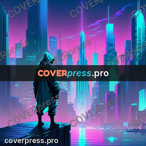 Cartoon style drawing: hooded figure above a night city