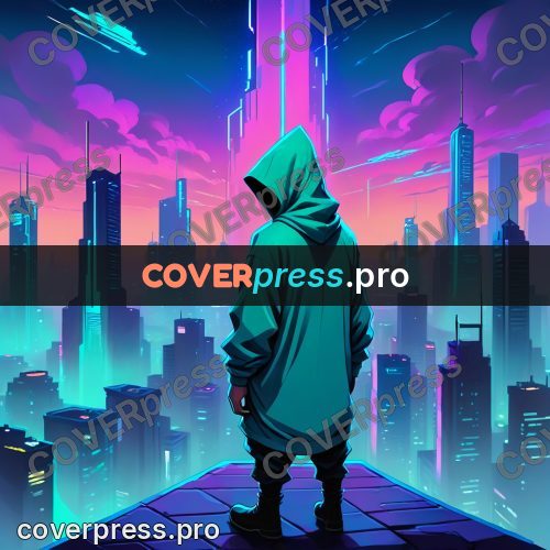 Cartoon style drawing: hooded figure above a night city