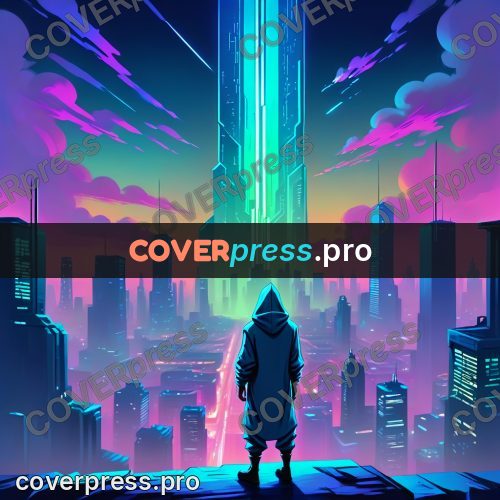 Cartoon style drawing: hooded figure above a night city