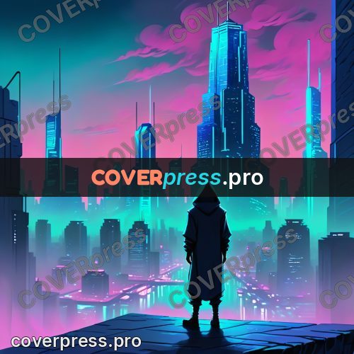 Cartoon style drawing: hooded figure above a night city
