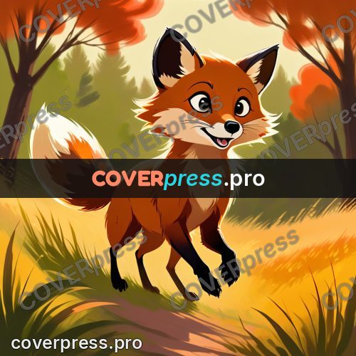 Cartoon style drawing: red fox in an autumn forest