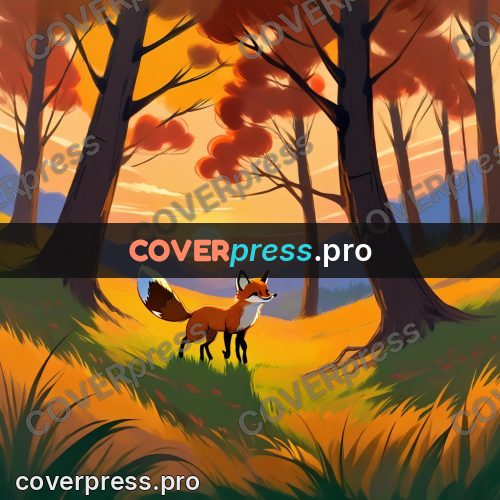 Cartoon style drawing: red fox in an autumn forest
