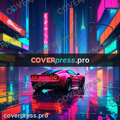 Cartoon style drawing: sports car on a wet street