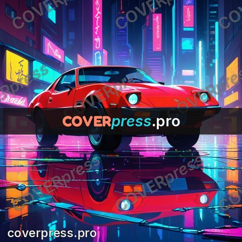 Cartoon style drawing: sports car on a wet street