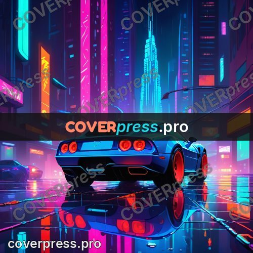 Cartoon style drawing: sports car on a wet street