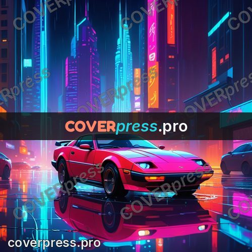 Cartoon style drawing: sports car on a wet street