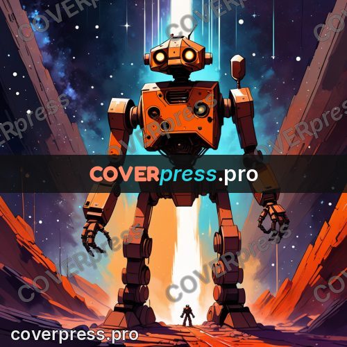 Cartoon style drawing: orange robot among the rocks