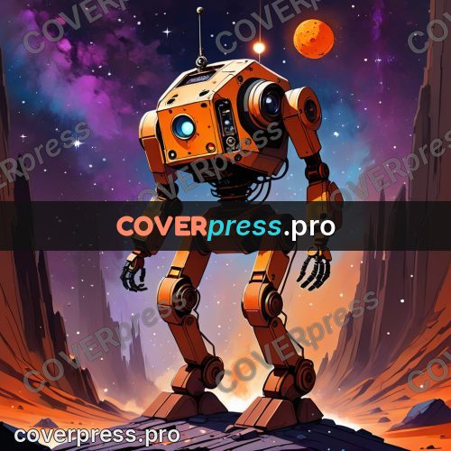 Cartoon style drawing: orange robot among the rocks